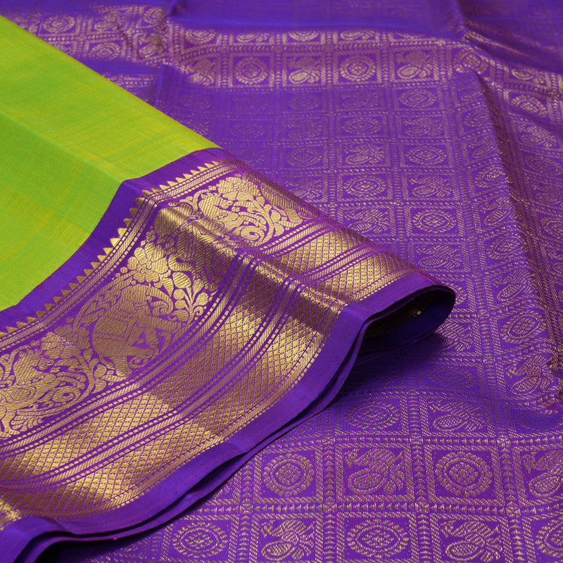 Hayagrivas Handloom Fluorescent Green Kanjivaram Silk Saree with Purple Border KBF356F10-1