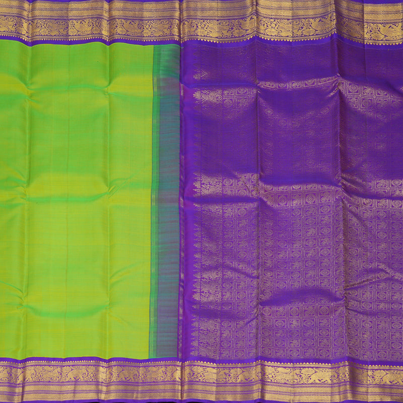 Hayagrivas Handloom Fluorescent Green Kanjivaram Silk Saree with Purple Border KBF356F10-1