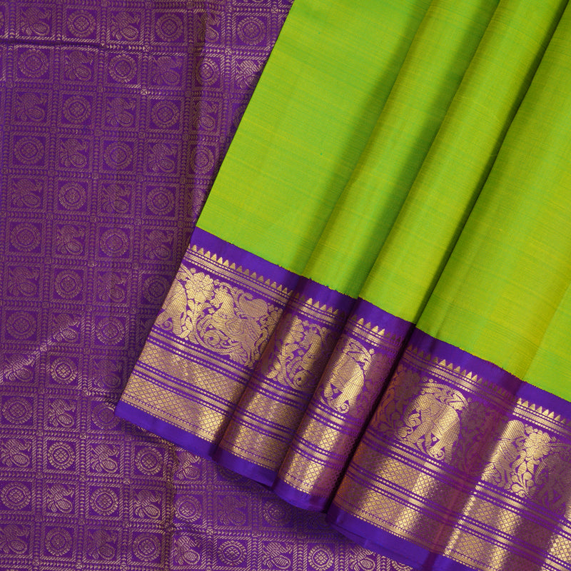 Hayagrivas Handloom Fluorescent Green Kanjivaram Silk Saree with Purple Border KBF356F10-1