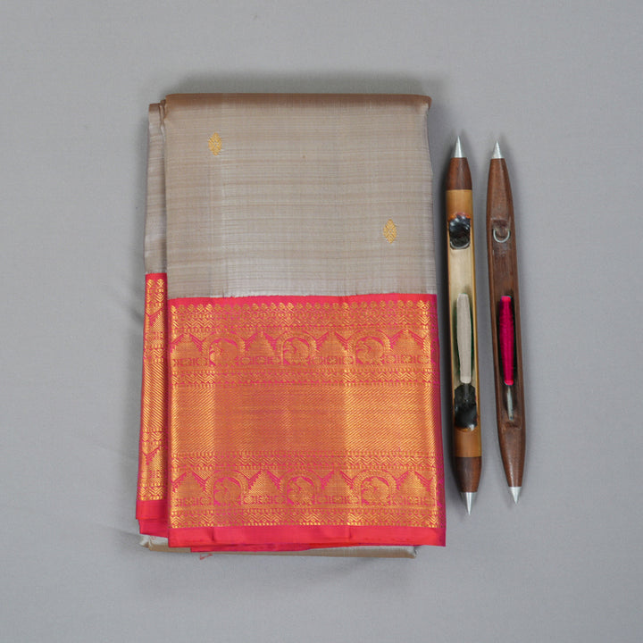 Hayagrivas Handloom Gray Kanjivaram Silk Saree with Pinkish-Orange Border KBF356F12-6