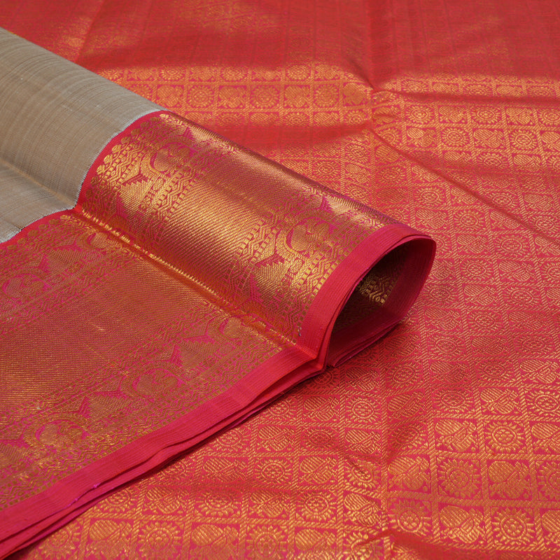 Hayagrivas Handloom Gray Kanjivaram Silk Saree with Pinkish-Orange Border KBF356F12-6