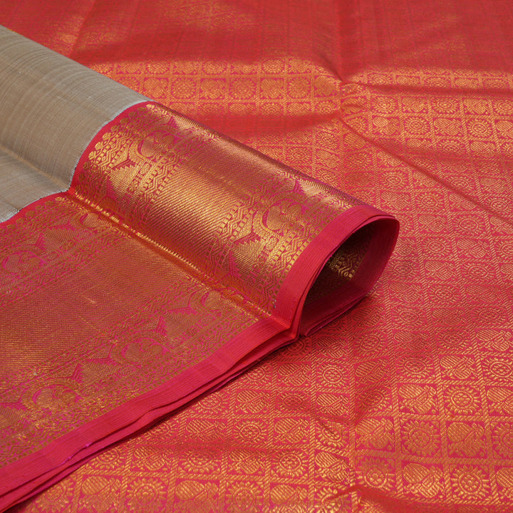 Hayagrivas Handloom Gray Kanjivaram Silk Saree with Pinkish-Orange Border KBF356F12-6
