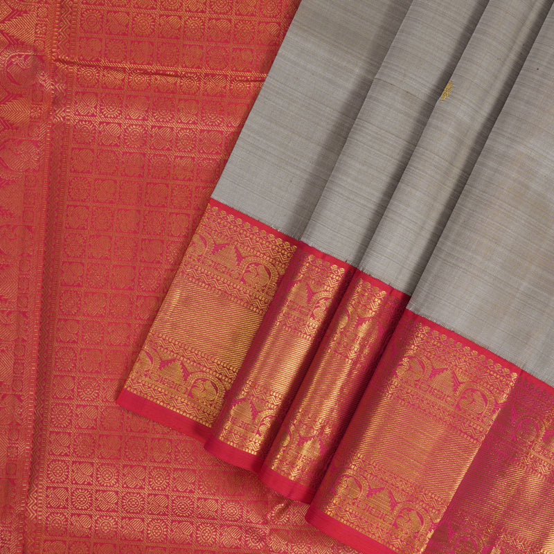 Hayagrivas Handloom Gray Kanjivaram Silk Saree with Pinkish-Orange Border KBF356F12-6