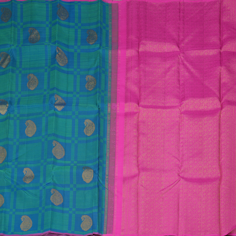 Hayagrivas Handloom Blue & Green Checks Kanjivaram Silk Saree KBF356F4-2