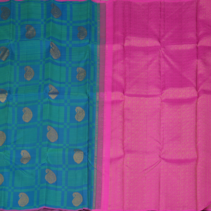 Hayagrivas Handloom Blue & Green Checks Kanjivaram Silk Saree KBF356F4-2