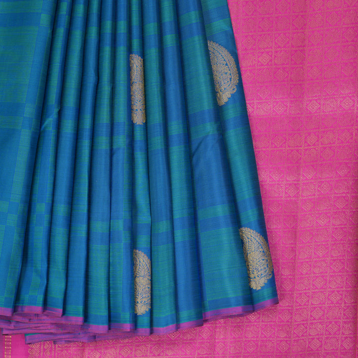 Hayagrivas Handloom Blue & Green Checks Kanjivaram Silk Saree KBF356F4-2