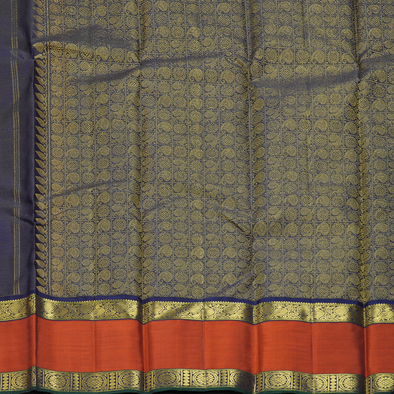 Hayagrivas Handloom Navy Blue Kanjivaram Silk Saree with Rust Orange Border KBF356F7-1