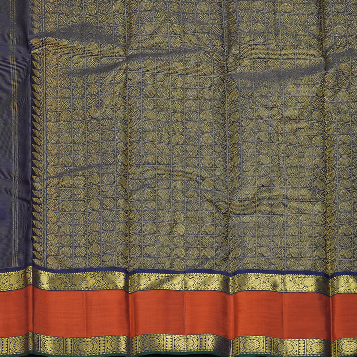 Hayagrivas Handloom Navy Blue Kanjivaram Silk Saree with Rust Orange Border KBF356F7-1
