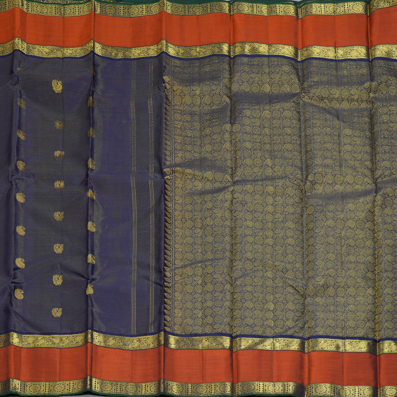 Hayagrivas Handloom Navy Blue Kanjivaram Silk Saree with Rust Orange Border KBF356F7-1