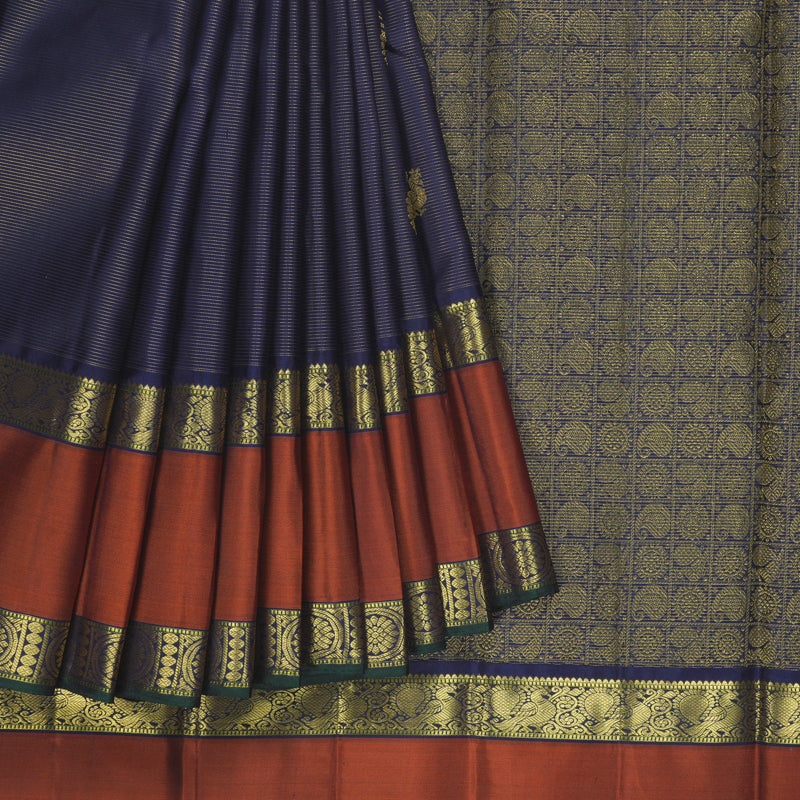 Hayagrivas Handloom Navy Blue Kanjivaram Silk Saree with Rust Orange Border KBF356F7-1