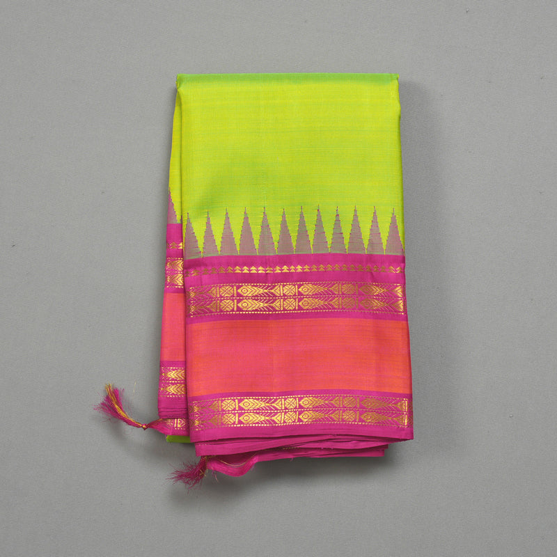 Hayagrivas Handloom Fluorescent Green Kanjivaram Silk Saree with Rani Pink Border KBF356F9-2