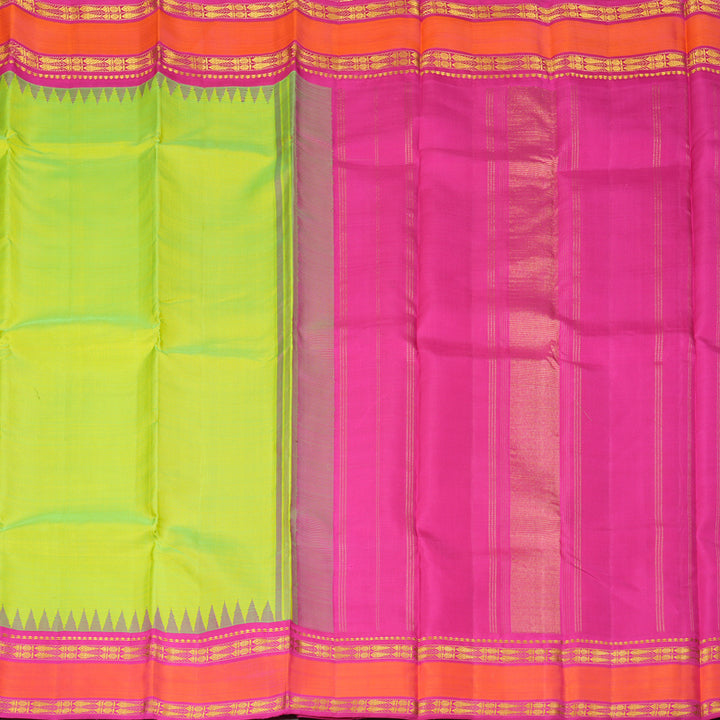Hayagrivas Handloom Fluorescent Green Kanjivaram Silk Saree with Rani Pink Border KBF356F9-2