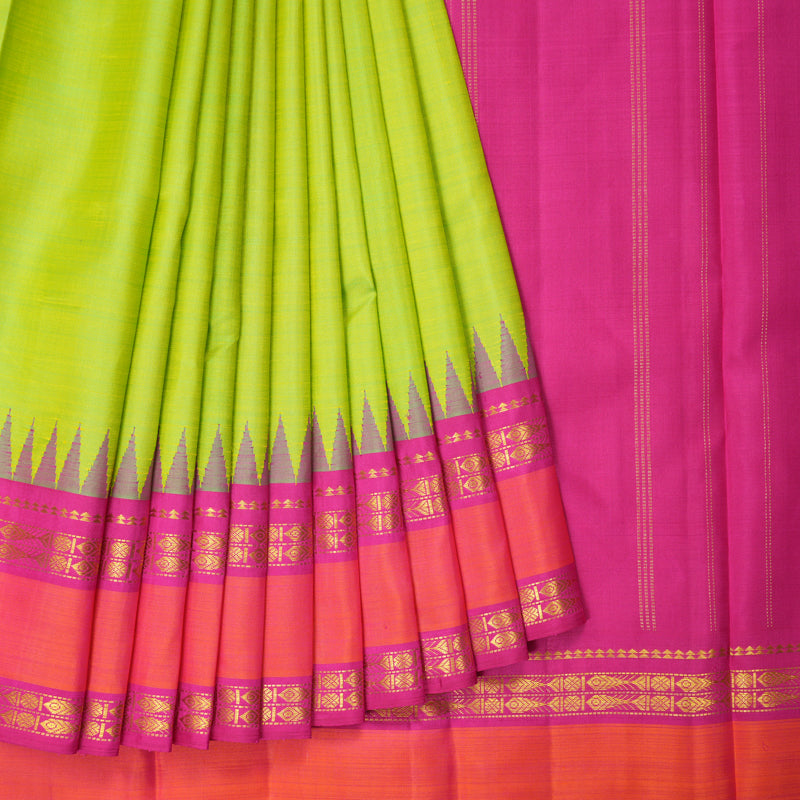 Hayagrivas Handloom Fluorescent Green Kanjivaram Silk Saree with Rani Pink Border KBF356F9-2