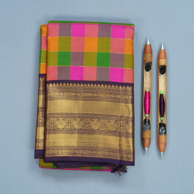 Hayagrivas Handloom Multicolour Checks Kanjivaram Silk Saree with Nagapazham Border KBF358F4-1