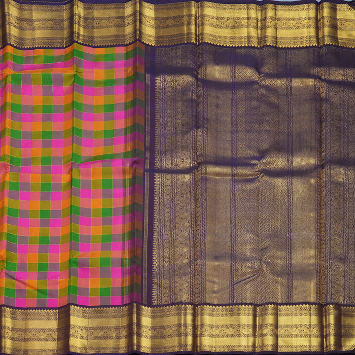 Hayagrivas Handloom Multicolour Checks Kanjivaram Silk Saree with Nagapazham Border KBF358F4-1