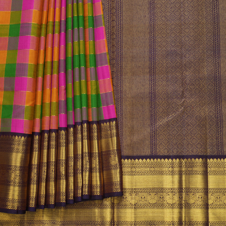 Hayagrivas Handloom Multicolour Checks Kanjivaram Silk Saree with Nagapazham Border KBF358F4-1