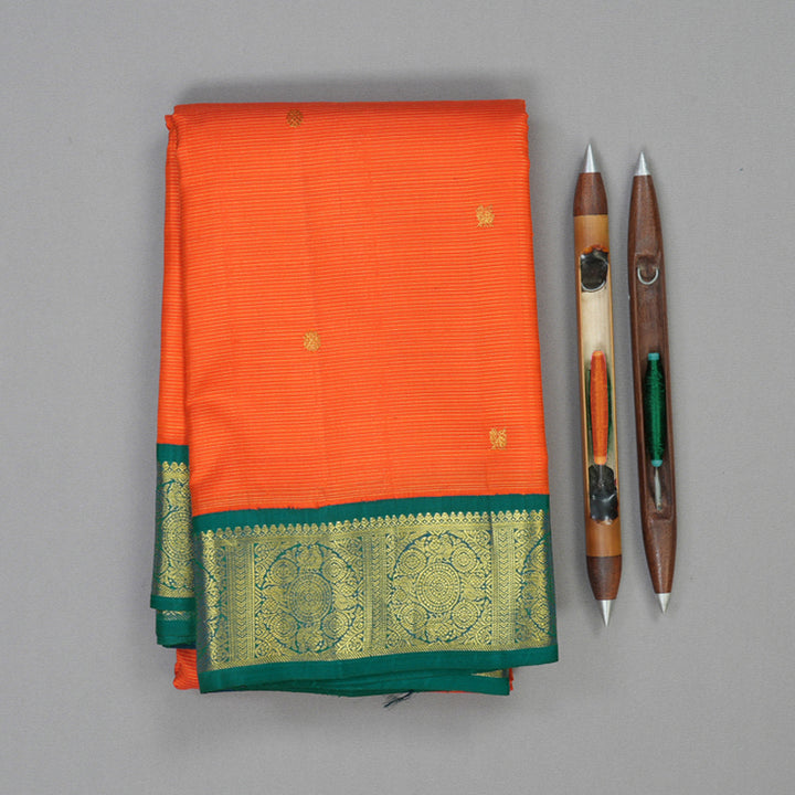 Hayagrivas Handloom Fanta Orange Kanjivaram Silk Saree with Peacock Green Border KBF35D7-1