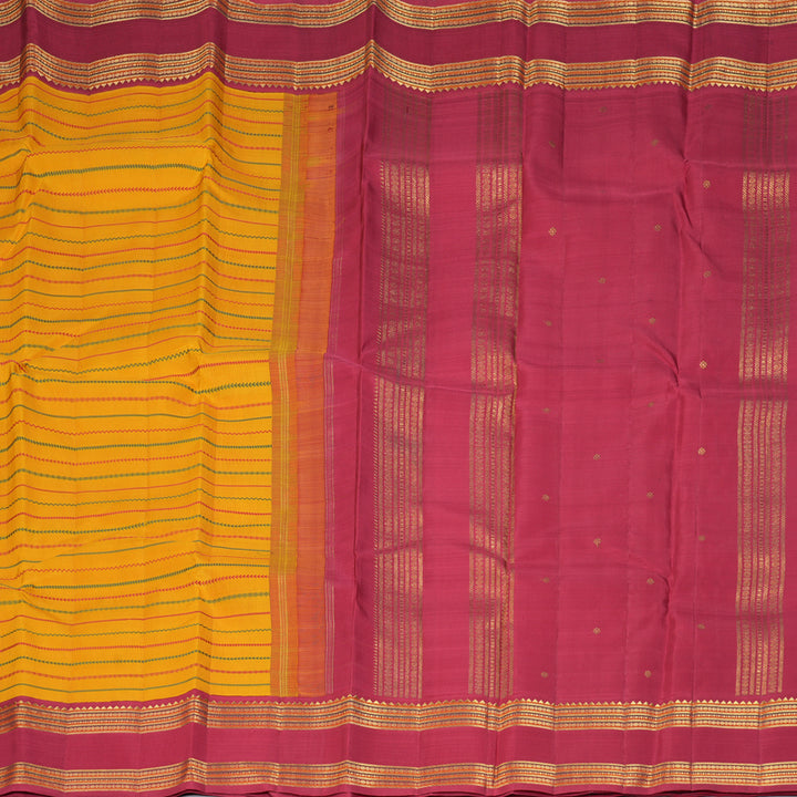 Hayagrivas Handloom Tumeric Yellow Kanjivaram Silk Saree with Maroon Border KBF360F8-1
