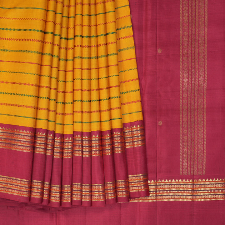 Hayagrivas Handloom Tumeric Yellow Kanjivaram Silk Saree with Maroon Border KBF360F8-1