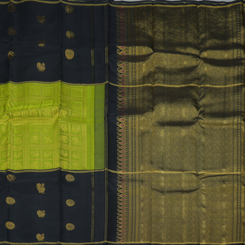 Hayagrivas Handloom Parrot Green Kanjivaram Silk Saree with Black Border KBF361F4-1