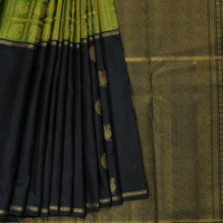 Hayagrivas Handloom Parrot Green Kanjivaram Silk Saree with Black Border KBF361F4-1
