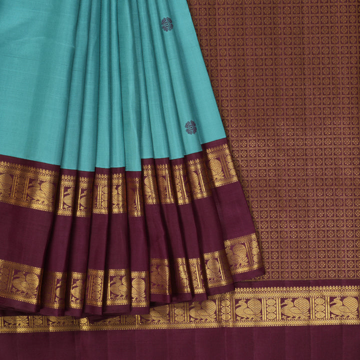 Hayagrivas Handloom Teal Kanjivaram Silk Saree with Vadamalli Border KBF362F1-2