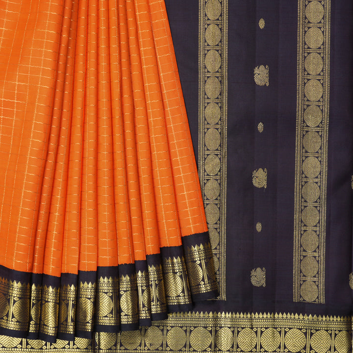 Hayagrivas Handloom Orange Kanjivaram Silk Saree with Deep Violet Border KBF366F8-1