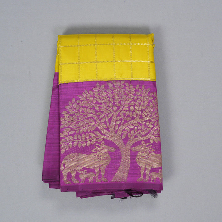 Hayagrivas Handloom Lemon Yellow Kanjivaram Silk Saree with Purple Border KBF367F2-1