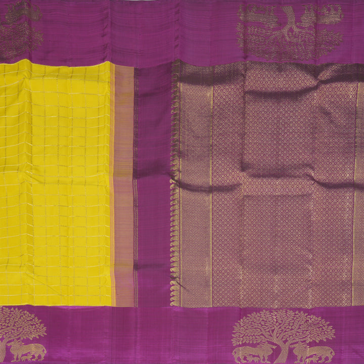 Hayagrivas Handloom Lemon Yellow Kanjivaram Silk Saree with Purple Border KBF367F2-1