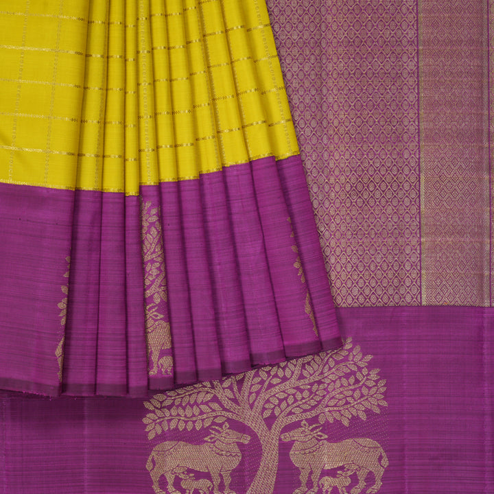 Hayagrivas Handloom Lemon Yellow Kanjivaram Silk Saree with Purple Border KBF367F2-1