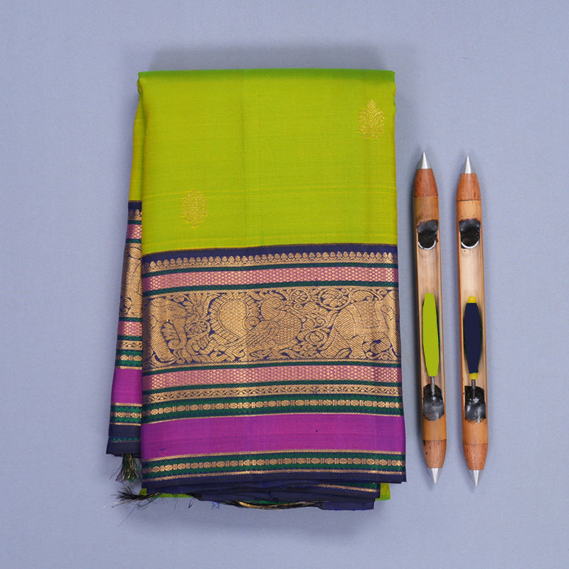 Hayagrivas Handloom Fluorescent Green Kanjivaram Silk Saree with Ink Blue Border KBF371F5-2