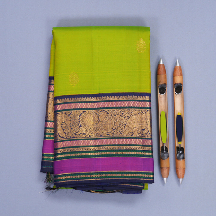 Hayagrivas Handloom Fluorescent Green Kanjivaram Silk Saree with Ink Blue Border KBF371F5-2