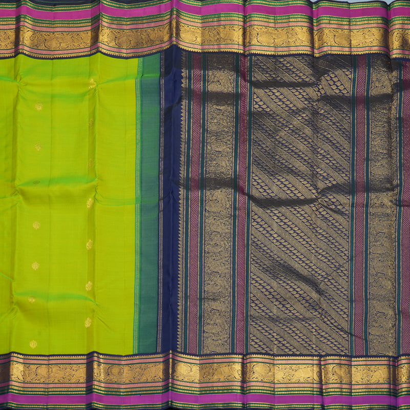 Hayagrivas Handloom Fluorescent Green Kanjivaram Silk Saree with Ink Blue Border KBF371F5-2
