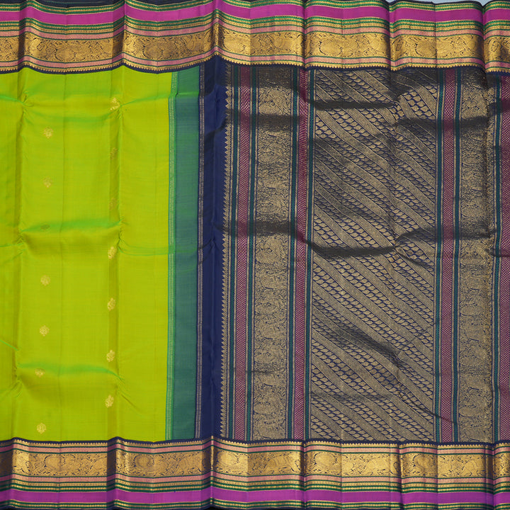 Hayagrivas Handloom Fluorescent Green Kanjivaram Silk Saree with Ink Blue Border KBF371F5-2