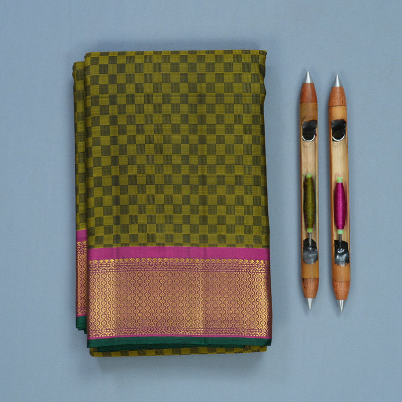 Hayagrivas Handloom Olive Green (Carpet Checks) Kanjivaram Silk Saree with Purple Border KBF377F2-1