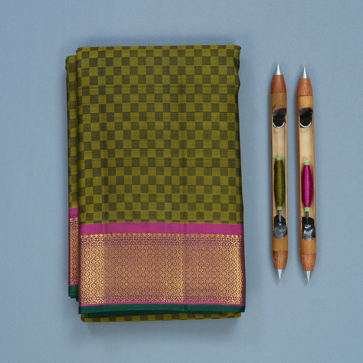 Hayagrivas Handloom Olive Green (Carpet Checks) Kanjivaram Silk Saree with Purple Border KBF377F2-1