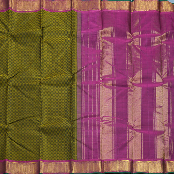 Hayagrivas Handloom Olive Green (Carpet Checks) Kanjivaram Silk Saree with Purple Border KBF377F2-1