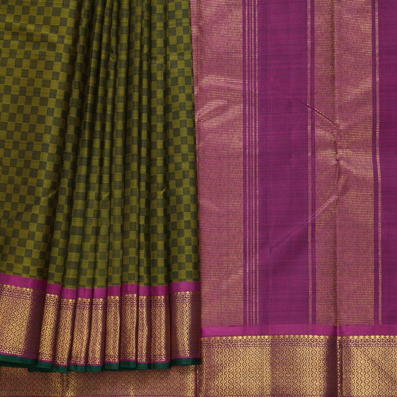 Hayagrivas Handloom Olive Green (Carpet Checks) Kanjivaram Silk Saree with Purple Border KBF377F2-1