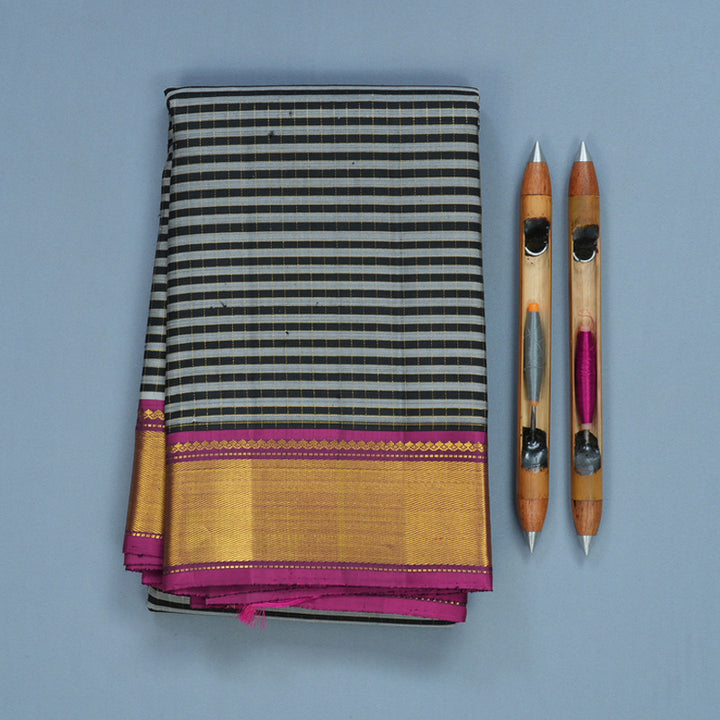 Hayagrivas Handloom Black &amp; Grey Stripes Kanjivaram Silk Saree with Purple Border KBF377F4-2