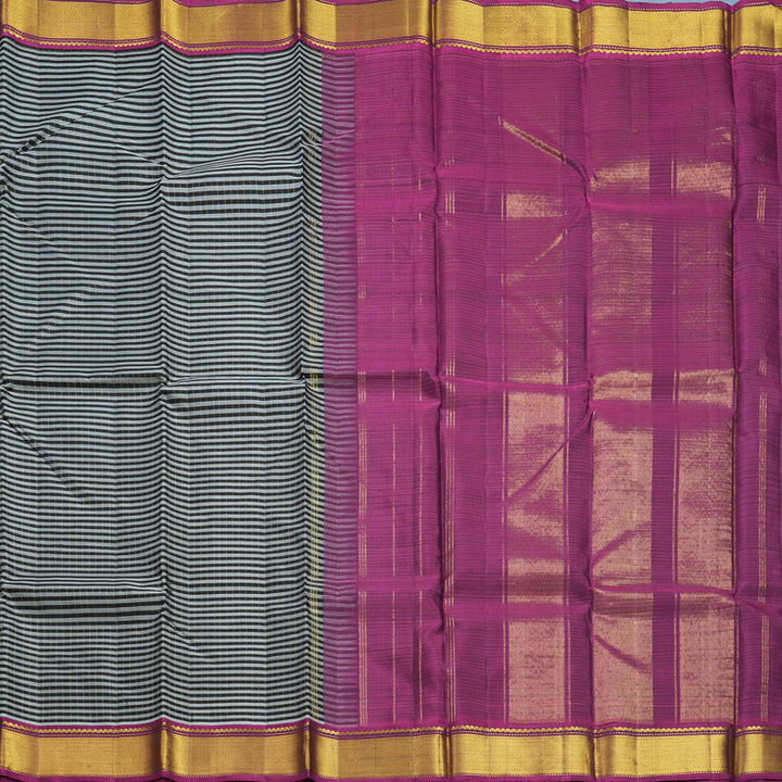 Hayagrivas Handloom Black &amp; Grey Stripes Kanjivaram Silk Saree with Purple Border KBF377F4-2