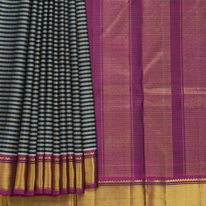 Hayagrivas Handloom Black &amp; Grey Stripes Kanjivaram Silk Saree with Purple Border KBF377F4-2