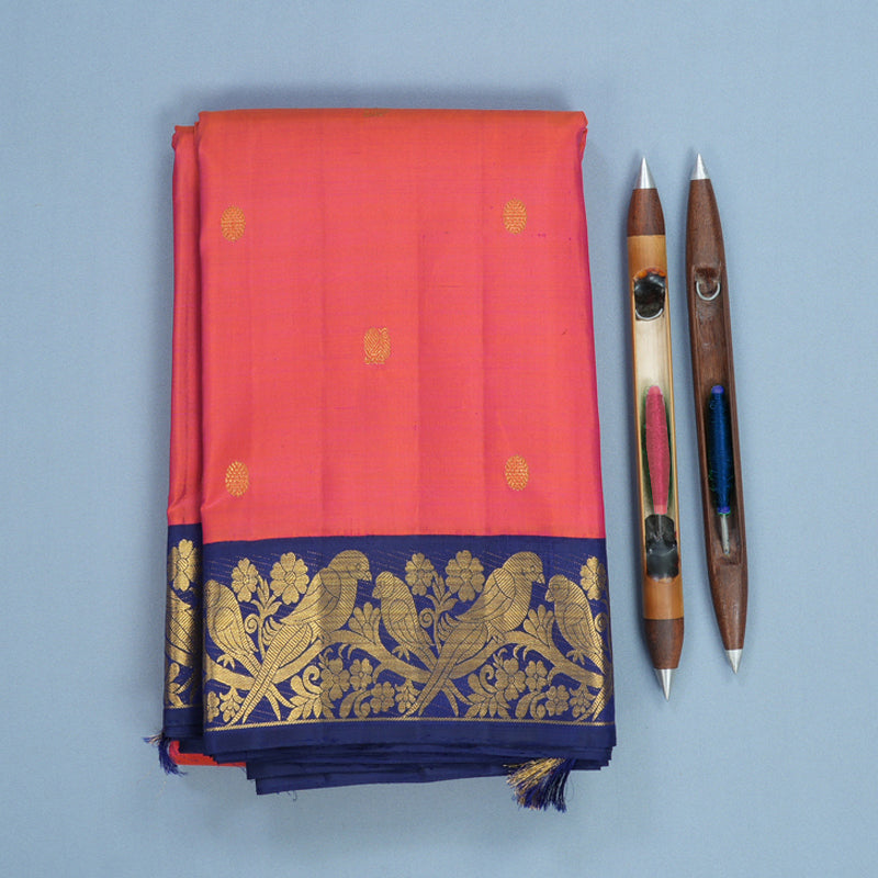 Hayagrivas Handloom Orangish-Pink Kanjivaram Silk Saree with Dark Blue Border KBF378F2-1