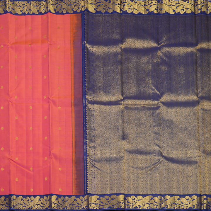 Hayagrivas Handloom Orangish-Pink Kanjivaram Silk Saree with Dark Blue Border KBF378F2-1