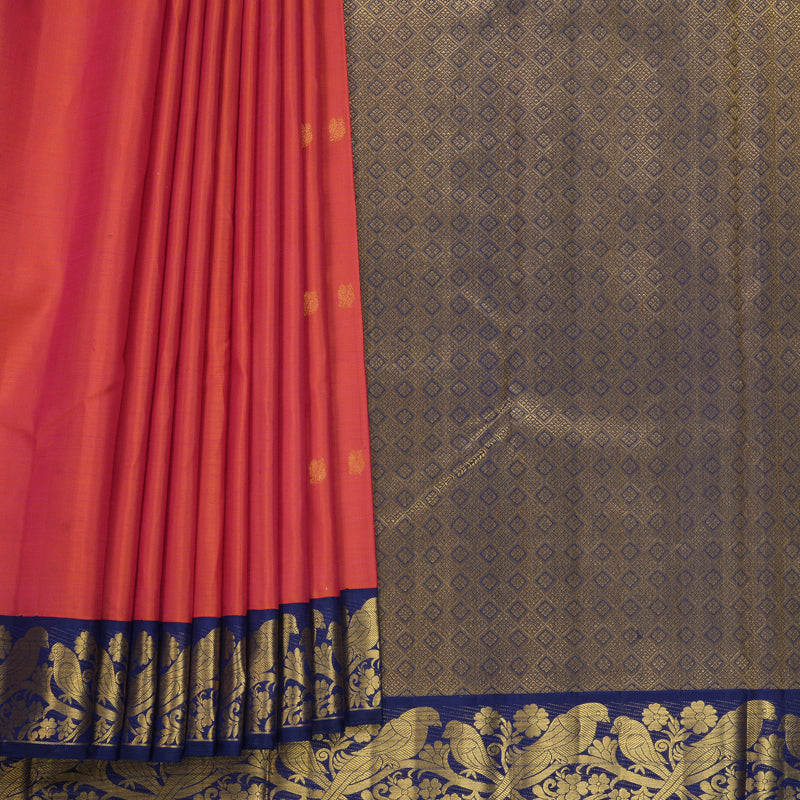 Hayagrivas Handloom Orangish-Pink Kanjivaram Silk Saree with Dark Blue Border KBF378F2-1