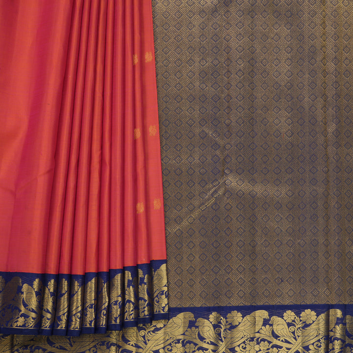 Hayagrivas Handloom Orangish-Pink Kanjivaram Silk Saree with Dark Blue Border KBF378F2-1