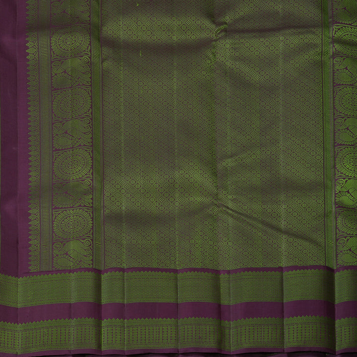 Hayagrivas Handloom Parrot Green Kanjivaram Silk Saree with Plum Purple Border KBF379F2-2