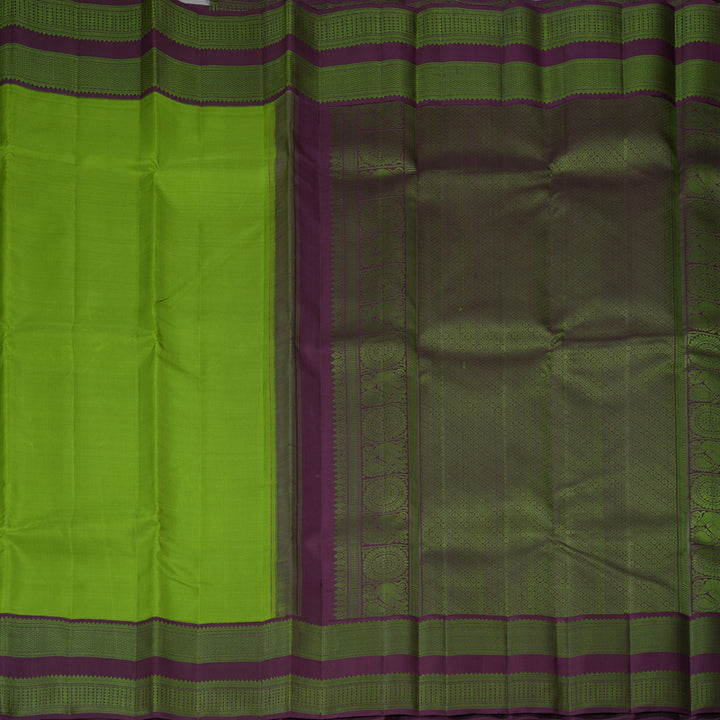 Hayagrivas Handloom Parrot Green Kanjivaram Silk Saree with Plum Purple Border KBF379F2-2