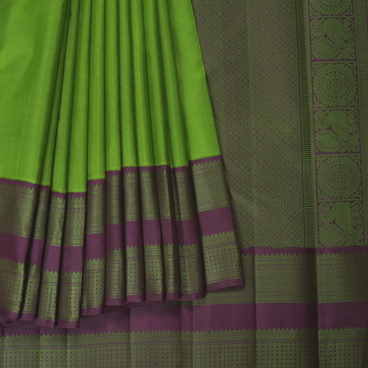 Hayagrivas Handloom Parrot Green Kanjivaram Silk Saree with Plum Purple Border KBF379F2-2