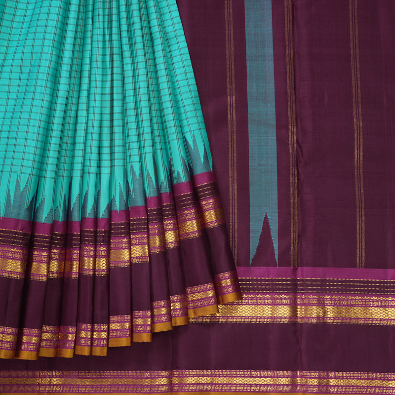 Hayagrivas Handloom Bright Teal Kanjivaram Silk Saree with Purple Border KBF381F1-6