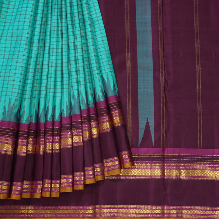 Hayagrivas Handloom Bright Teal Kanjivaram Silk Saree with Purple Border KBF381F1-6